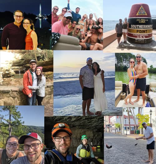 several different photos of maddi and brandon traveling